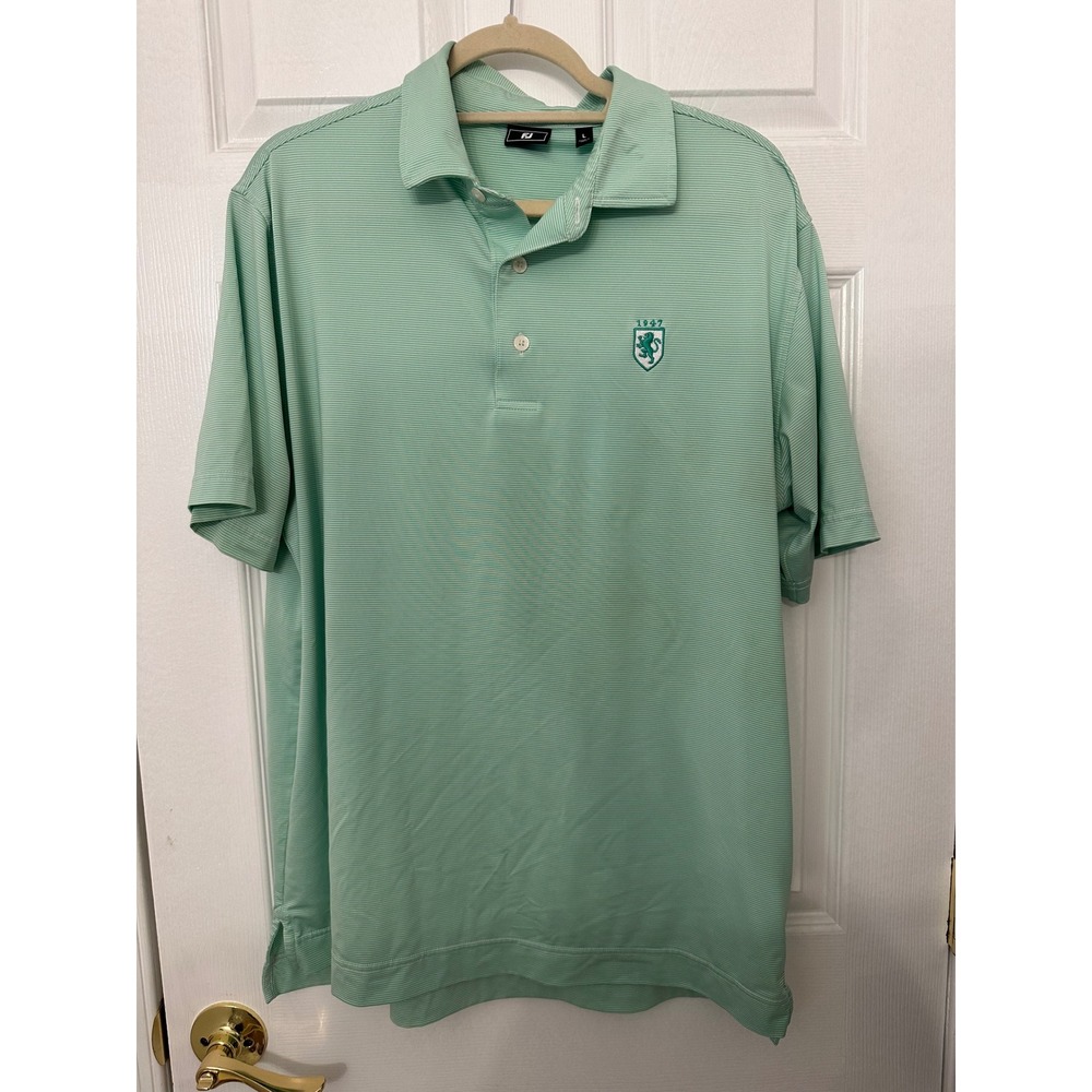 FootJoy FJ Mens Mint Green Striped Golf Polo Shirt 1947 Lion Crest Large